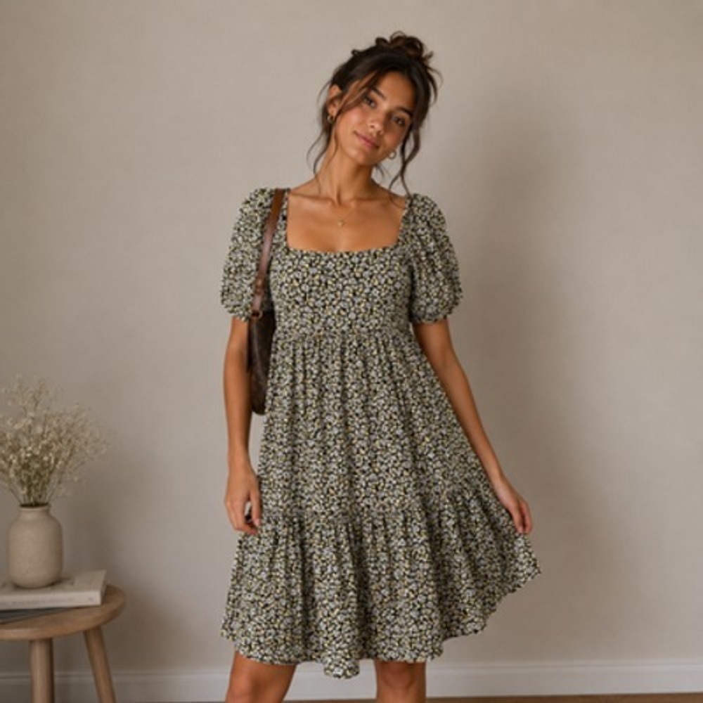 Square Neck Puff Sleeve Floral Dress in Olive- Large